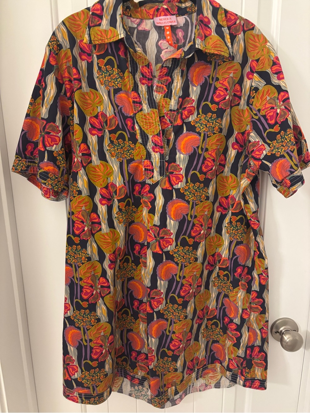 Never A Wallflower Navy Floral Short-Sleeve dress with Orange, Pink & Gold Accen